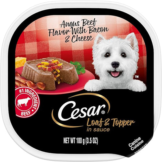 CESAR Adult Wet Dog Food Loaf & Topper in Sauce Angus Beef Flavor with Bacon & Cheese, 3.5 oz. Easy Peel Trays, Pack of 24