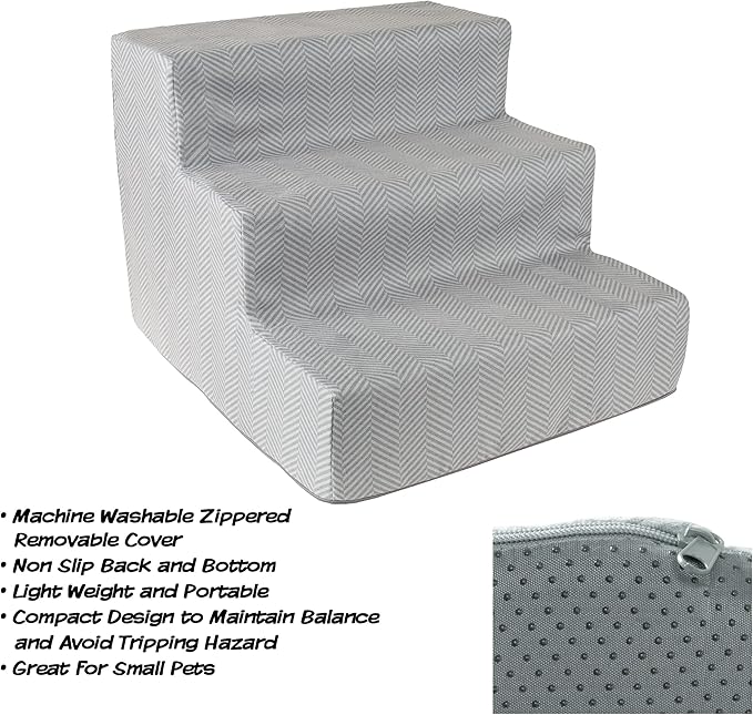 3-Step Pet Stairs - Nonslip Foam Dog and Cat Steps with Removable Zippered Microfiber Cover - 2-Tone Design for Home or Vehicle Use by PETMAKER (Gray)