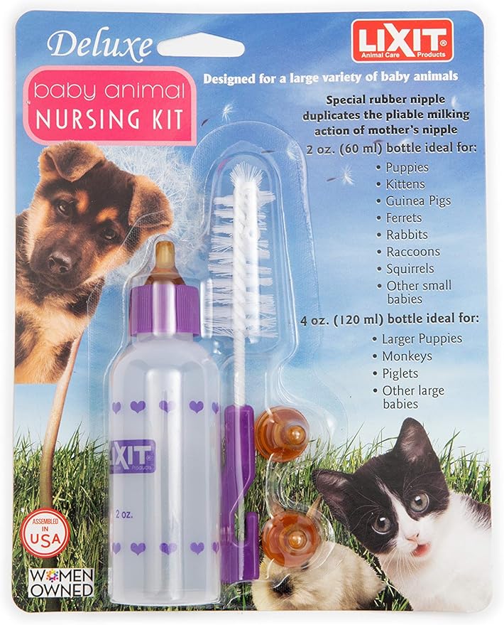 Lixit Nursing Bottle Kits for Puppies, Kittens, Guinea Pigs, Ferrets, Rabbits, Raccoons, Squirrels and Other Pets That need hand feeding (2 Ounce (Pack of 2), Clear)