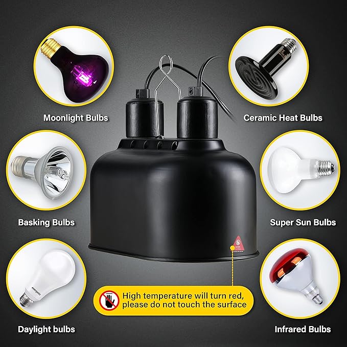 Simple Deluxe Reptile Lamp Fixture Dual Dome Light Double Sockets Bulbs Holder with Independent Switches and 22"-35" Adjustable Metal Floor Lamp-Holder, for Amphibians Terrarium, Turtle Tank