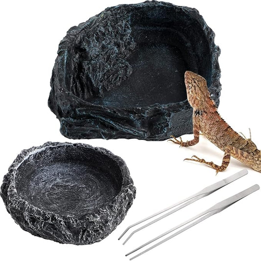 Reptile Bowl - 2Pcs Reptile Water Dish with Feeding Tongs Reptile Feeding Reptile Feeding Bowls Reptile Water Bowl Reptile Food Dish for Lizard Tortoise
