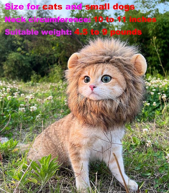 Lion Mane Wig for Cat Costume Pet Adjustable Washable Comfortable Fancy Lion Hair Cat Clothes Dress for Halloween Christmas Easter Festival Party Activity (Brown)