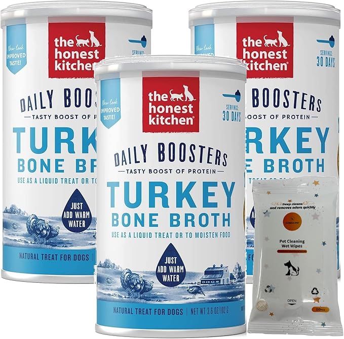 Bundle Set (3) The Honest Kitchen Daily Boosters Instant Turkey Bone Broth with Turmeric Plus AuroraPet Wipes