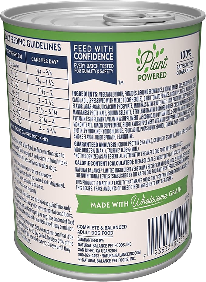 Natural Balance Limited Ingredient Adult Wet Canned Dog Food with Vegan Plant Based Protein and Healthy Grains, Vegetarian Recipe, 13 Ounce (Pack of 12)