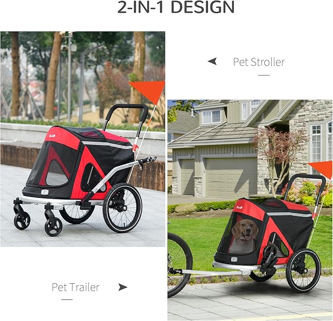 Aosom 2 in 1 Bike Trailer, Foldable Dog Bike Stroller with Aluminum Frame, Quick Release Wheels, Safety Leash, Anti-Slip Mat, Hitch Coupler, Reflectors, Flag for Medium Dogs