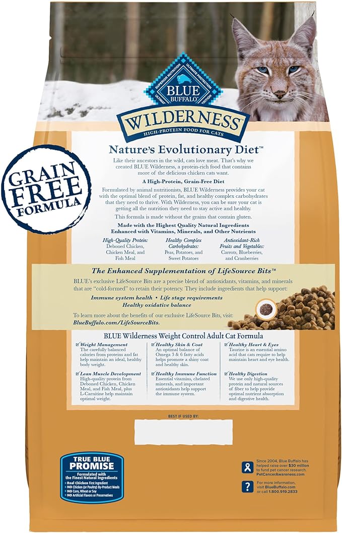 Blue Buffalo Wilderness High-Protein, Grain-Free Natural Dry Food for Adult Cats, Weight Control, Chicken, 11-lb. Bag