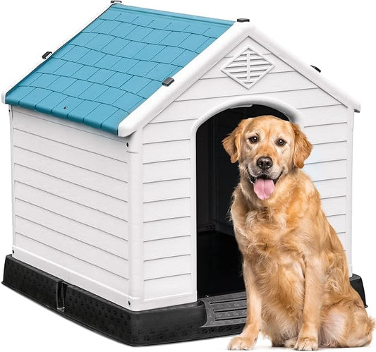 YITAHOME 41'' Large Plastic Dog House Outdoor Indoor Doghouse Puppy Shelter Water Resistant Easy Assembly Sturdy Dog Kennel with Air Vents and Elevated Floor (41''L*38''W*39''H, Blue)