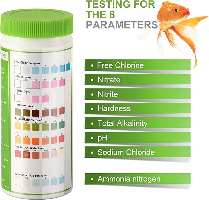 8-in-1 Aquarium Test Kit (150 Strips) for Freshwater & Saltwater - Quick & Accurate Water Testing for Aquariums & Ponds. Tests Free Chlorine, Hardness, pH, Ammonia Nitrogen, etc. (K02-150)