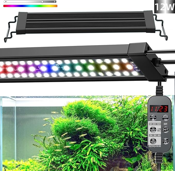 LED Aquarium Light, 24/7 Full Spectrum Dimmable Submersible Light 12-18 inch 12 W for 10 Gallon Fish Tank, Day+Night Mode DIY Timer Auto On Off, HD Brightness 8 Colors RGB Mode