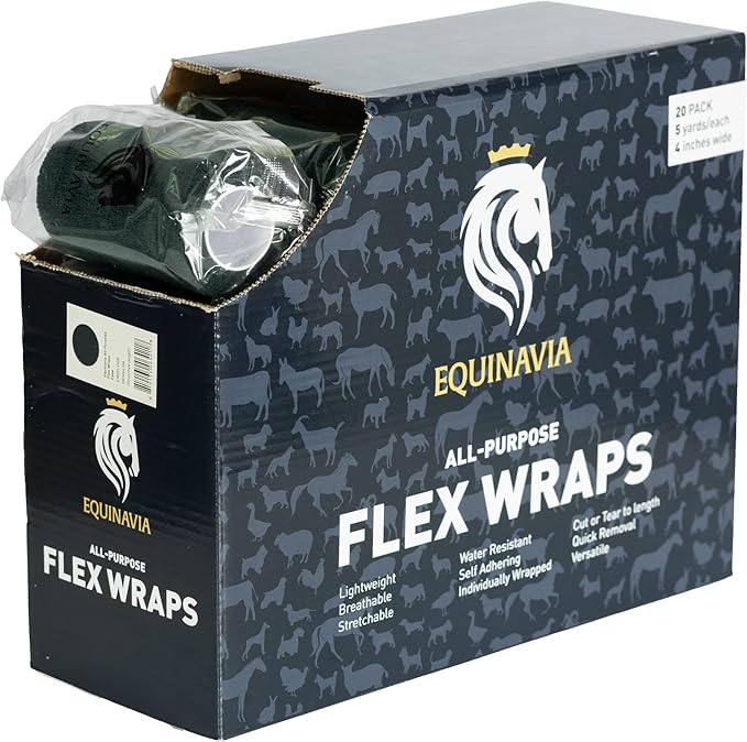 Equinavia 20 Pack Self Adhesive 4 Inch Vet Wraps with Easy-Dispenser Case | Bandages for Horses, Pets, Sports, Tattoo - Black - 20 x 5 yd - Dark Green - 20 x 5 yd