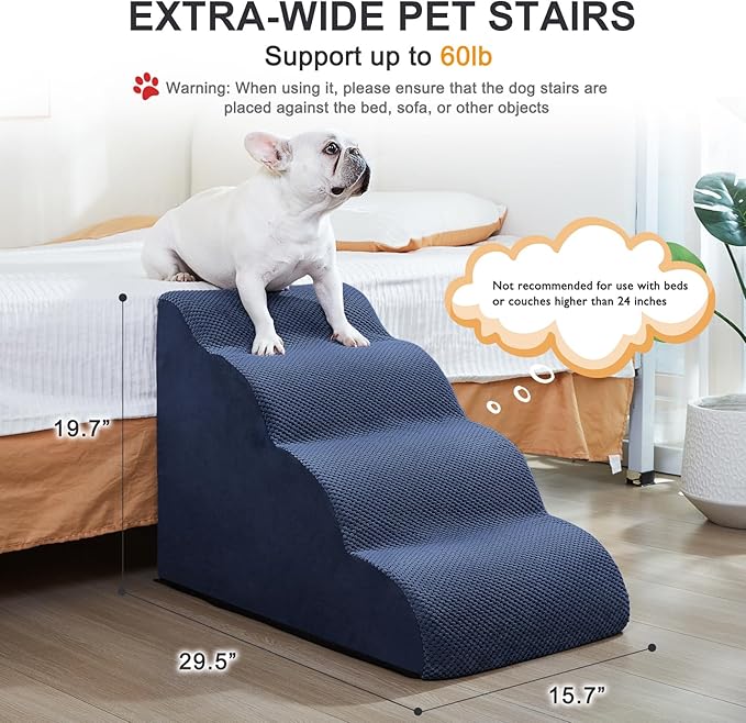 Dog Stairs Ramps for Small/Medium Dogs to High Beds and Couch, 4-Step Dog Steps with Sturdy High-Density Foam, Pet Stairs with Non-Slip Bottom for Puppy and Cat, Gifts Hair Remover Roller, Blue