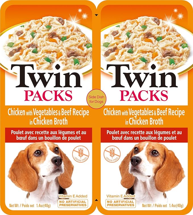 INABA Twin Packs for Dogs, Shredded Chicken & Broth Gelée Side Dish/Topper Pouch, 1.4 Ounces per Serving, 16 Servings, Chicken with Vegetables & Beef Recipe