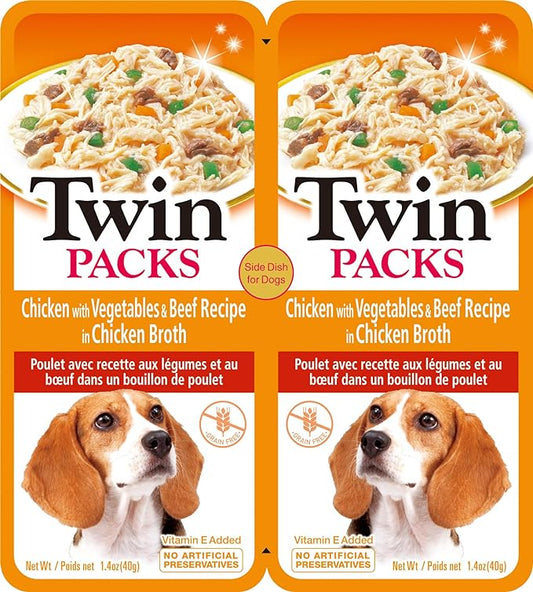 INABA Twin Packs for Dogs, Shredded Chicken & Broth Gelée Side Dish/Topper Pouch, 1.4 Ounces per Serving, 16 Servings, Chicken with Vegetables & Beef Recipe