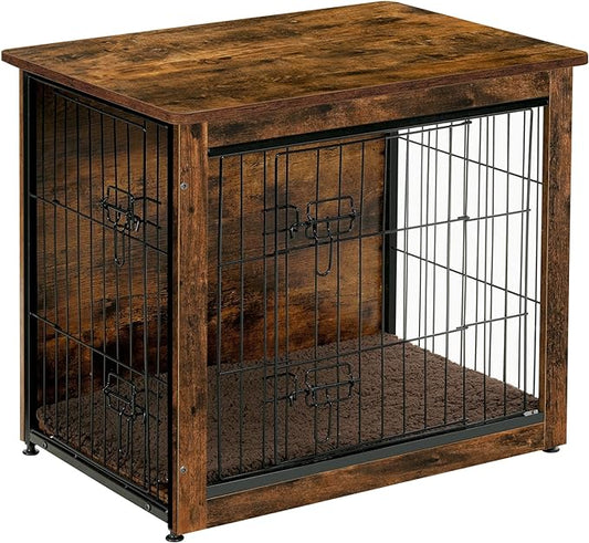 DWANTON Dog Crate Furniture with Cushion, Wooden Dog Crate with Double Doors, Dog Furniture, Dog Kennel Indoor for Small/Medium/Large Dog，End Table, Small, 27.2" L, Rustic Brown