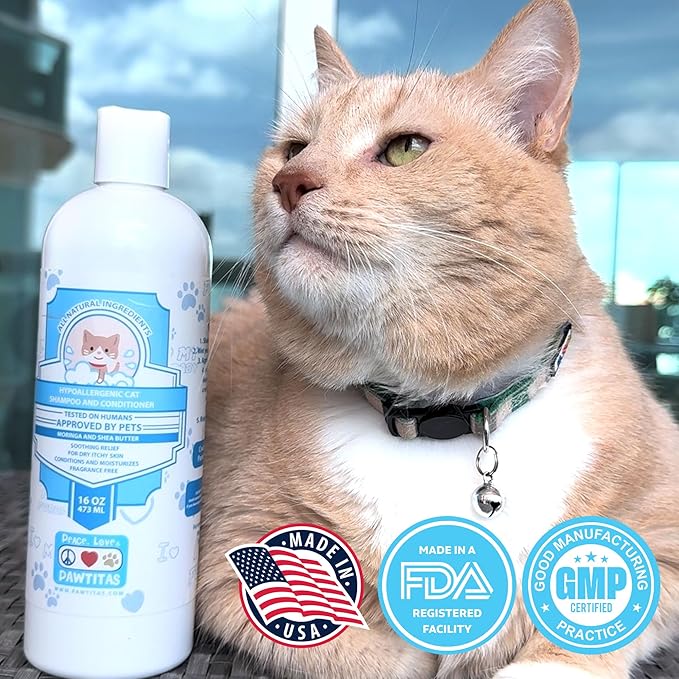 Pawtitas Cat Shampoo Natural Cat Grooming Supplies Shampoo for Cats Fragrance Free Shampoo Kitten Shampoo Organic Oatmeal - 16 Fl Oz Shampoo for Cats