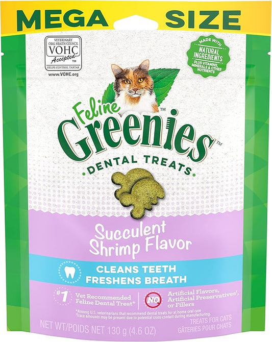 Greenies Feline Adult Natural Dental Care Cat Treats, Succulent Shrimp Flavor, 4.6 oz. Pouch