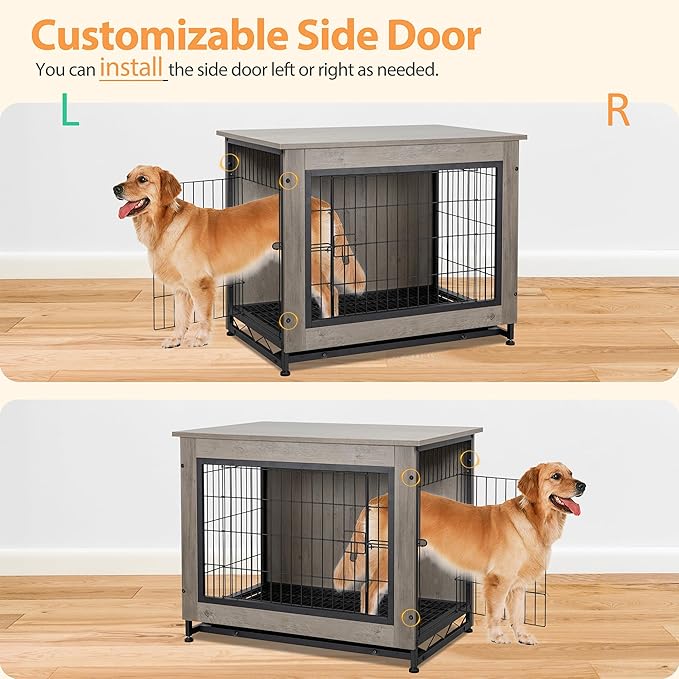 Shintenchi Wooden Dog Crate Furniture for Large Dog, XL Double-Door Kennel Indoor with Removable Tray, End Table XL Dog Crate for Decoration, 44" L*30" W*32" H, Grey