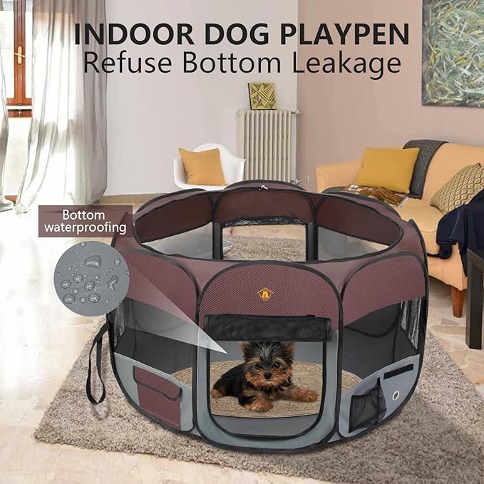 Portable Pet Dog Playpen, 45'' Foldable Pop Up Pet Puppy Dog Playpen for Large Dogs Cats, Kitten Playpen Tent for Indoor/Outdoor Use, with Waterproof Bottom Pad and Shade Top Cover. Brown