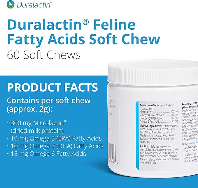 PRN Pharmacal Duralactin Feline Fatty Acid Soft Chews - Joint Health Supplement for Cats & Kittens to Help Manage Soreness - omega-3 Fatty Acid Supplement - Chicken Liver Flavor - 60 Chews