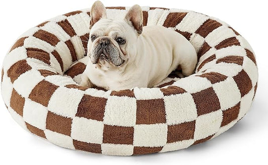 Lesure Donut Small Dog Bed - Round Cat Beds for Indoor Cats Anti-Anxiety Calming Pet Beds, Washable Cute Modern Beds with Teddy Sherpa Plush & Anti Slip Bottom Brwon