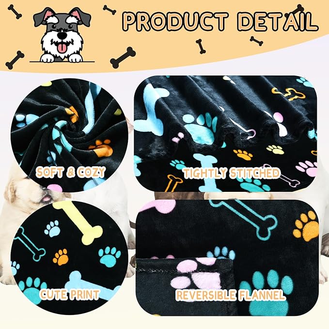 Dog Blankets for Dogs, 3 Pack Large Blanket Medium Blanket Dog Cat Soft Fuzzy Blankets Washable,Comfort Flannel,Fuzzy Soft Blankets for Dogs,Pet Blanket,Reversible Print,41 x 31 inch，Black