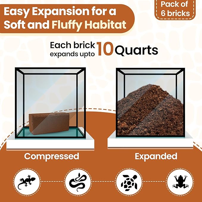 ReptiCare Coconut Coir Brick Compressed 1.4 lb Brick 6-Pack - Expands to 60 Quarts, Coconut Fiber Bedding for Ball Pythons, Bearded Dragons, Lizards, Tortoises, Hermit Crabs, Bioactive Terrariums
