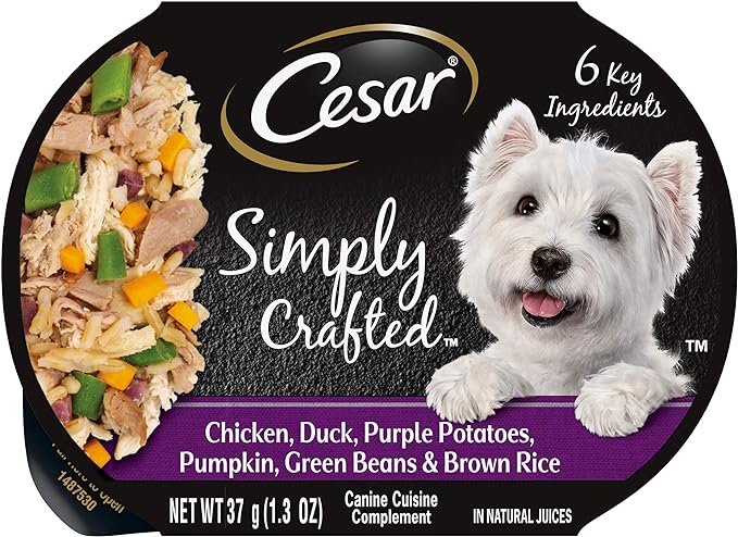 CESAR SIMPLY CRAFTED Adult Wet Dog Food Meal Topper, Chicken, Duck, Purple Potatoes, Pumpkin, Green Beans & Brown Rice, 1.3oz., Pack of 10