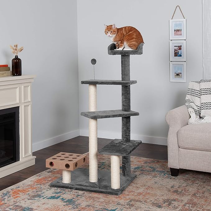 Furhaven 49.5" Tall Cat Tree for Indoor Cats, Ft. Sisal Scratching Posts, Plush Ball Toy, & Busy Box Toy - Tiger Tough Play Stairs Interactive Playground Tower - Gray, One Size