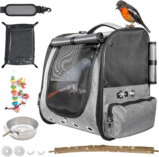 Bird Cage Backpack with Sunshade for Parakeets Cockatiels, Bird Travel Bag with Stand for Easy Cleaning, Transparent Breathable Travel Cage for Pets (Grey)