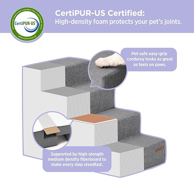 Lesure Dog Stairs for Small Dogs - Pet Stairs for High Beds and Couch, Folding Pet Steps with CertiPUR-US Certified Foam for Cat and Doggy, Non-Slip Bottom Dog Steps, Grey Linen, 4 Steps