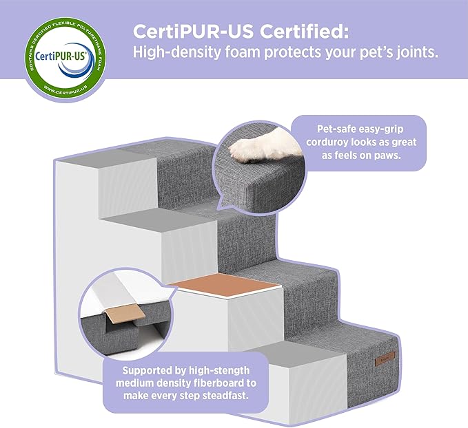 Lesure Dog Stairs for Small Dogs - Pet Stairs for Beds and Couch, Folding Pet Steps with CertiPUR-US Certified Foam for Cat and Doggy, Non-Slip Bottom Dog Steps, Grey Linen, 3 Steps