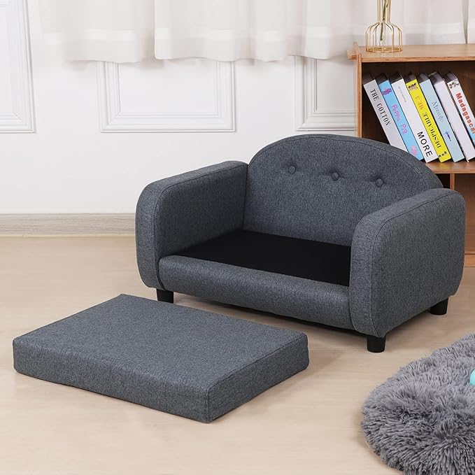 Dog Sofas and Chairs for Small Pet/Cat Sofa Bed with Wooden Frame/Bed for dogs with Linen Fabric/Cat Sofa Chair with Cushion/Dog Couch for Small Dog Rest Using (Grey)