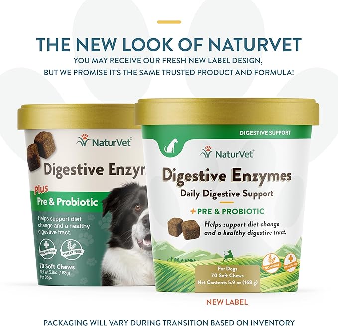 NaturVet – Digestive Enzymes - Plus Probiotics & Prebiotics – Helps Support Diet Change & A Healthy Digestive Tract – for Dogs & Cats (Soft Chews, 70 Count)