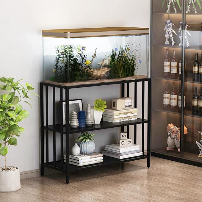 Fish Tank Stand with Metal Shelves, 55 Gallon Aquarium Stand Heavy Duty Turtle Tank Terrariums Tank Breeder Reptile Tank Stand for Home Office, 48.4” x 14.9” x 29.5” (Black)