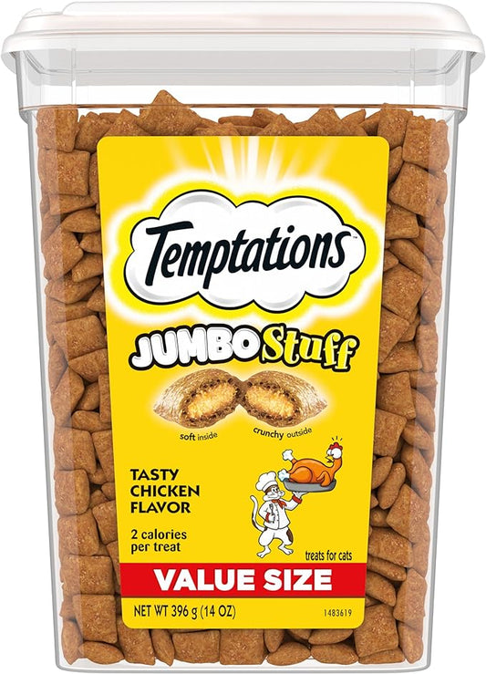 TEMPTATIONS Jumbo Stuff Crunchy and Soft Cat Treats, Tasty Chicken Flavor, 14 oz. Tub, (Pack of 1)