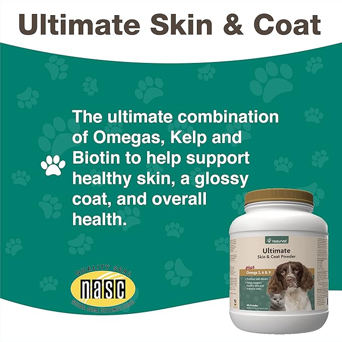 NaturVet Ultimate Skin & Coat Powder Pet Supplement for Dogs & Cats – Includes Omegas 3, 6, 9, Biotin, Vitamins – For Healthy Dog Coats, Cat Skin – Tasty Food Topper for Pets – 4 lbs.