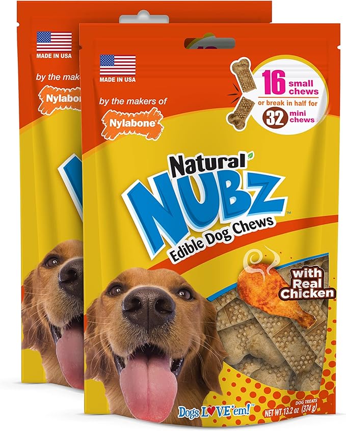 Nylabone Nubz Natural Edible Chew Treats for Dogs, Made in USA, Chicken Flavor, Small - Up to 25 lbs. (32 Count)