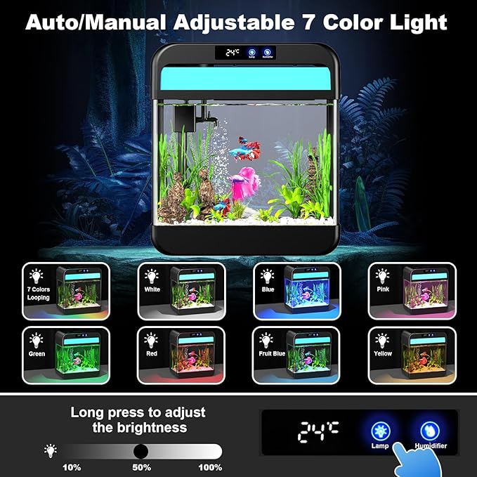 Fish Tank Aquarium 2.2 Gallon with Humidifier 7 Color Looping Light with Timer Self-Cleaning 3 in 1 Water Pump with Filteration & Oxygenation & Circulation, Temperature Display, HD Heat Bending Glass