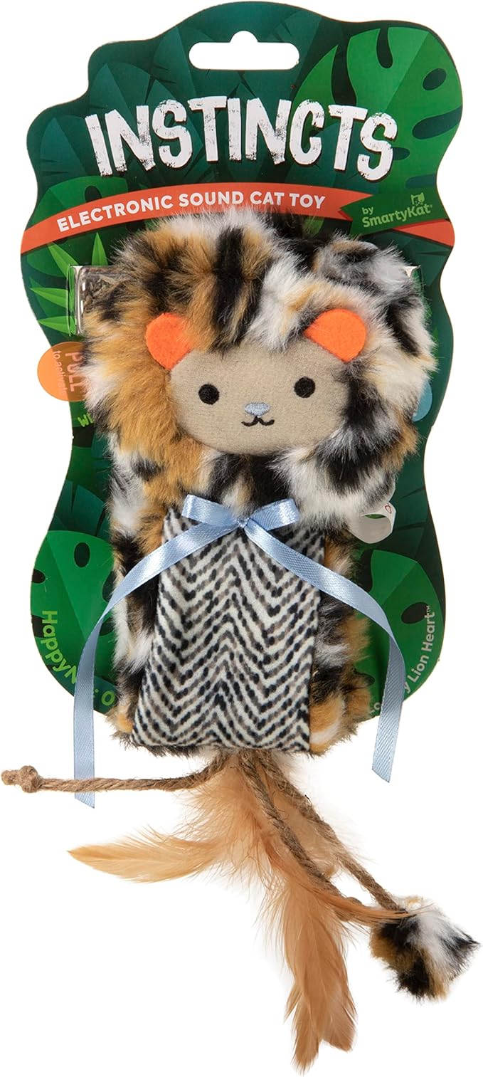 SmartyKat Instincts Looney Lion Heart Kicker Plush Electronic Sound Refillable Cat Toy w/HappyNip Tube (Catnip & Silvervine) - Multicolor, One Size