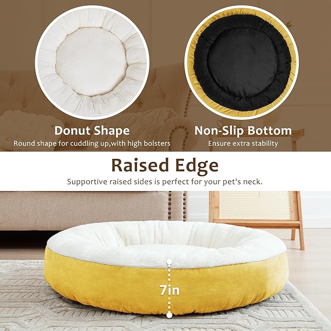 Love's cabin Round Donut Cat and Dog Cushion Bed, 25in Pet Bed for Small or Medium Dogs, Anti-Slip & Water-Resistant Bottom, Soft Durable Fabric Pet Beds, Washable Calming Cat & Dog Bed Yellow