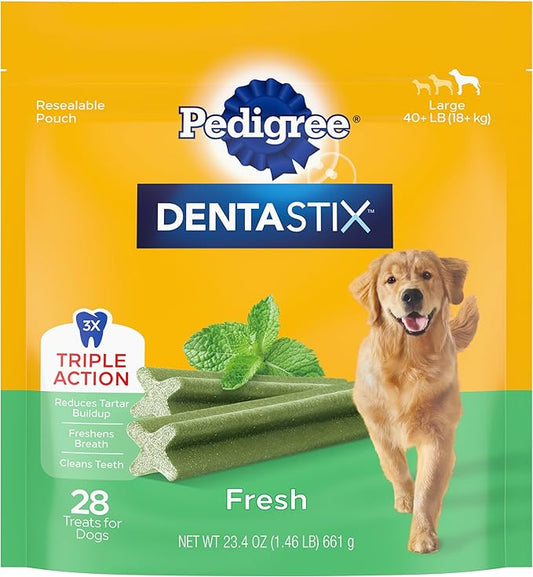 PEDIGREE DENTASTIX Fresh Breath Large Dog Dental Treats Fresh Flavor Dental Bones, 1.46 lb. Pack (28 Treats) (Packaging May Vary)