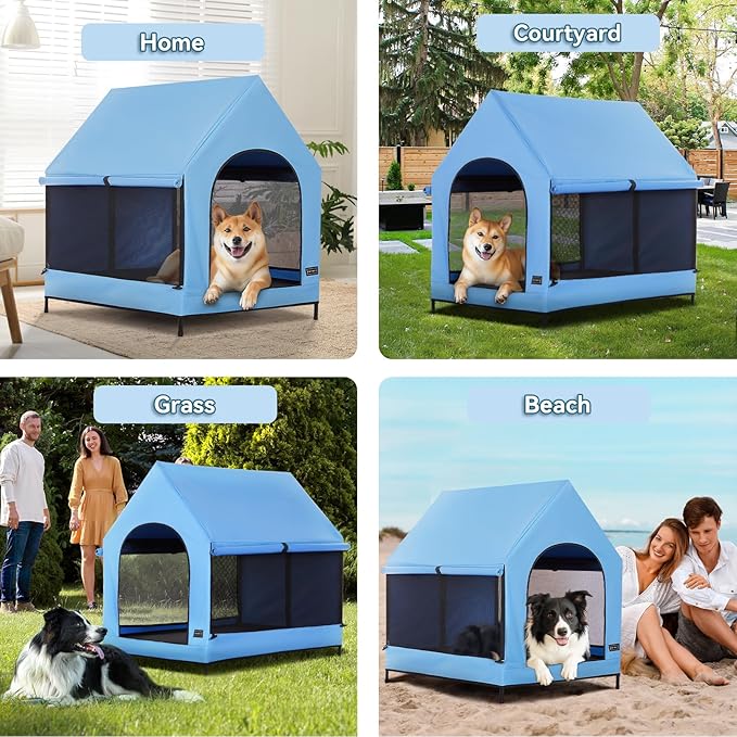 Petsfit 36 Inch Elevated Pet Dog House, Portable Large Dog House with Removable Cover for Indoor and Outdoor, Waterproof Raised Dog Houses for Large Dogs Outside,Blue,36L x 25.2W x 35.3H Inches