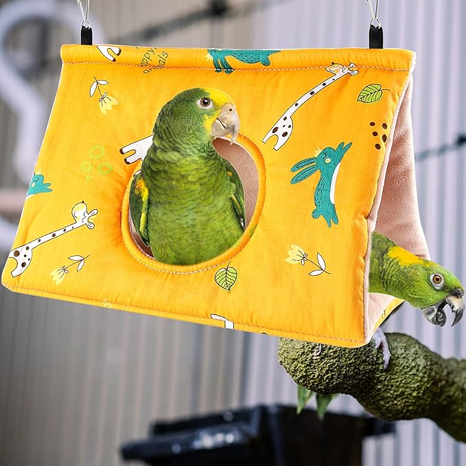 Rypet Winter Warm Bird Nest House - Hanging Hammock Velvet Shed Hut Cage Plush Fluffy Birds Hideaway Sleeping Bed Fuzzy for African Grey Cockatoo and Other Amazon Parrot Large（Yellow）