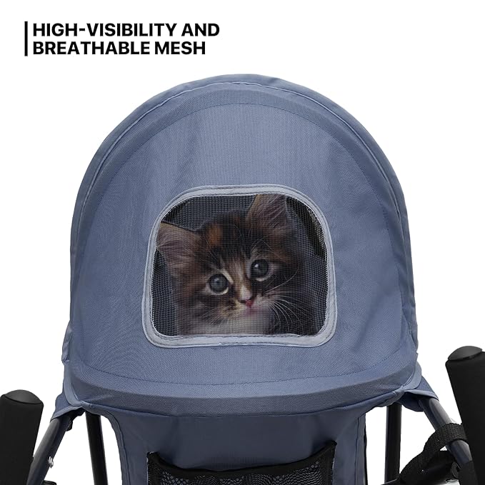 MoNiBloom 4 Wheels Pet Stroller, Easy-Fold Puppy Cage Jogger Stroller with Sun Cover, Pad and Rear Storage Bag, Breathable and Visible Mesh for Small/Medium Pets up to 22 lbs, Navy Blue