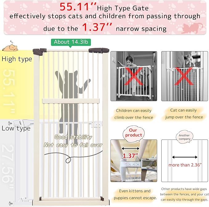 Extra Tall Pet Gate 55.12" High Pressure Mounted 55.12"-59.24" Extra Wide (9 Sizes) 1.37" Gap for Cat Dog Children Stairs Doorway Hallway No Drilling Auto-Close (55.12"-59.24", Cream White)