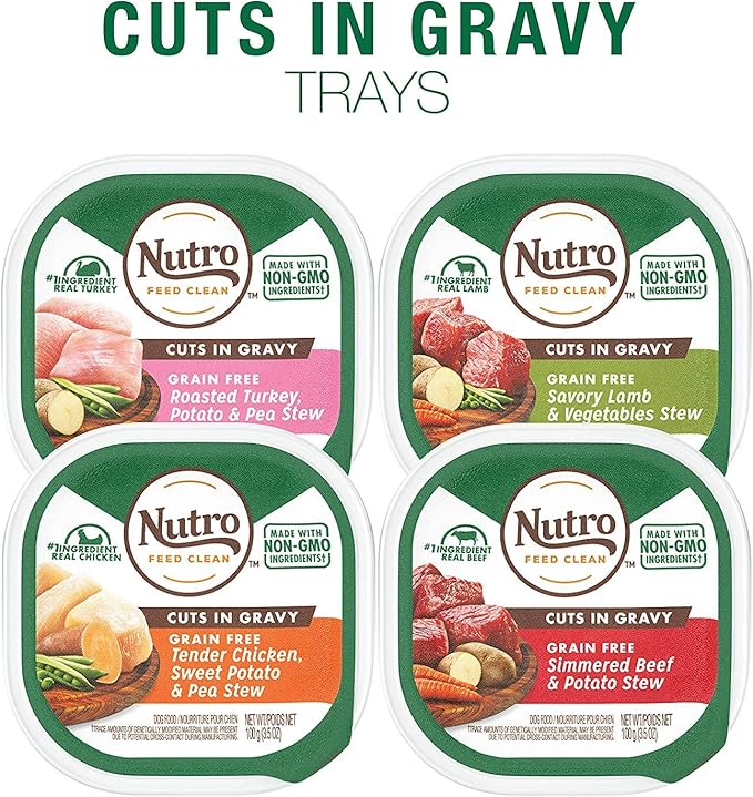 NUTRO Adult Natural Grain Free Wet Dog Food Cuts in Gravy Beef Recipe, Lamb Recipe, Chicken Recipe, and Turkey Recipe Variety Pack, 3.5 oz. Trays (Pack of 24)