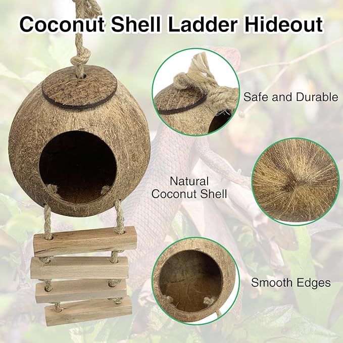 Hamiledyi Leopard Gecko Tank Accessories, Reptile Vines Plants with Coconut Shell Ladder Hideout Hut Hermit Crab Decor for Bearded Dragon Lizard Chameleon Tortoise Snake Play Rest