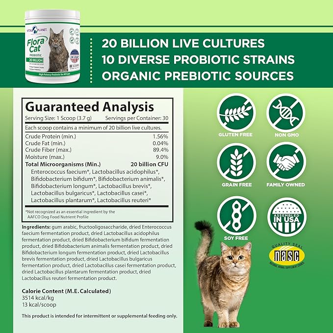 Vital Planet - Flora Cat Probiotic Powder Supplement with 20 Billion Cultures and 10 Diverse Strains High Potency Probiotics for All Cats for Feline Digestive and Immune Support 30 Scoops 3.92 oz