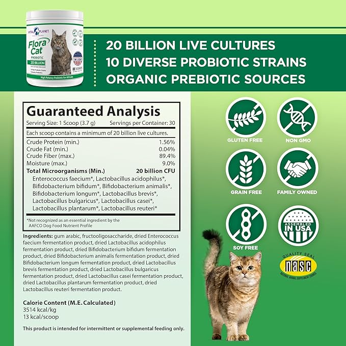 Vital Planet - Flora Cat Probiotic Powder Supplement with 20 Billion Cultures and 10 Diverse Strains High Potency Probiotics for All Cats for Feline Digestive and Immune Support 30 Scoops 3.92 oz