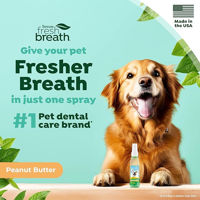 TropiClean Fresh Breath Spray for Dogs & Cats | Peanut Butter Flavored | Travel-Ready Pet Breath Freshener Spray | Made in the USA | 4 oz.